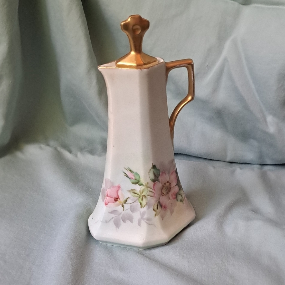 Floral Porcelain Pitcher with Gold Accents
